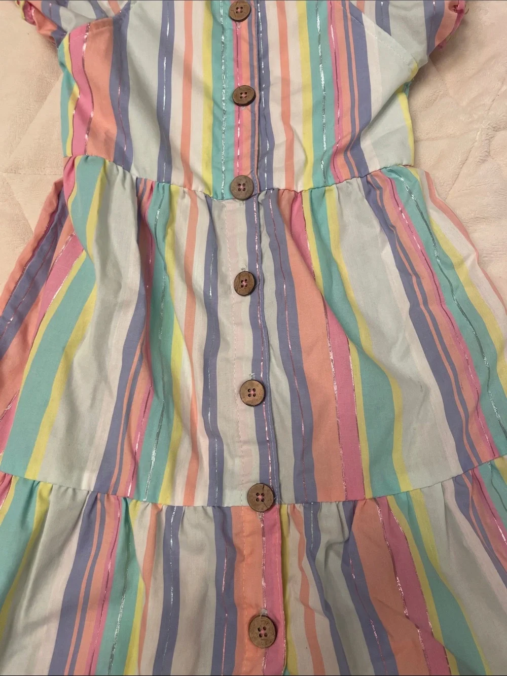 Penelope Mack Pastel Multi-Stripe Button-Up Tiered Dress